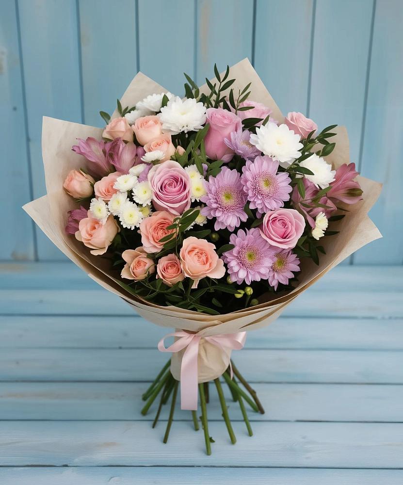 Букет цветов из: Хризантемы, Розы и Альстромерии в Тельмане