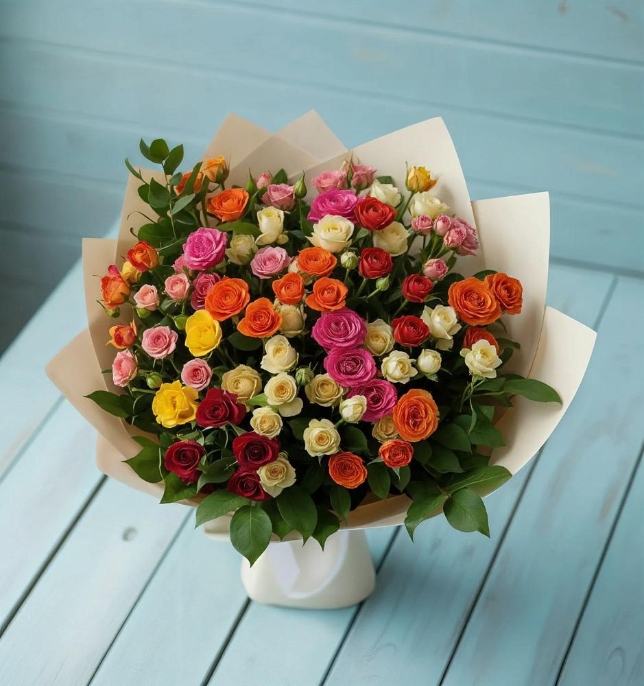 Букет Микс из разноцветных кустовых роз в Тельмане