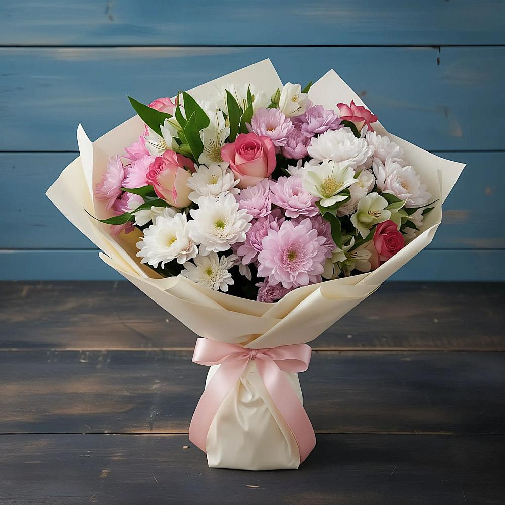 Букет цветов из: Хризантемы, Альстромерии и Розы в Тельмане